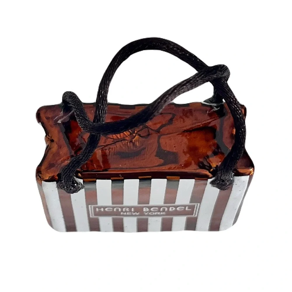 Henri Bendel Brown and White Centennial Striped Shopping Bag Christmas Ornament